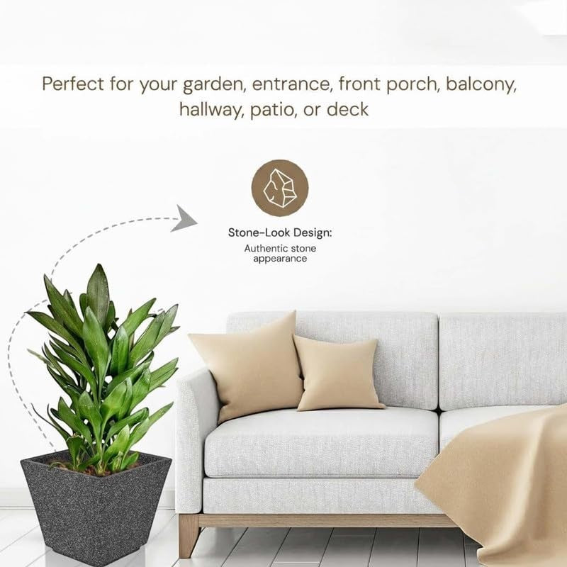 Go Hooked 10-inch square black polymer planter with stone-look design, perfect for indoor or outdoor use.