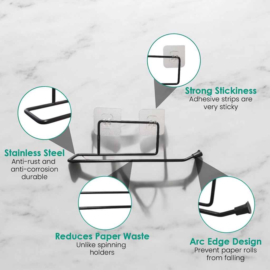 GoHooked black stainless steel self-adhesive toilet paper holder with arc edge design and strong stickiness