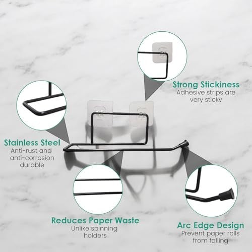 Go Hooked black stainless steel self-adhesive toilet paper holder with arc edge design and strong stickiness. Pack of 2.