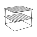 Go Hooked black steel 2-tier corner shelf rack for kitchen organization. Ideal for plates, pans, and utensils.