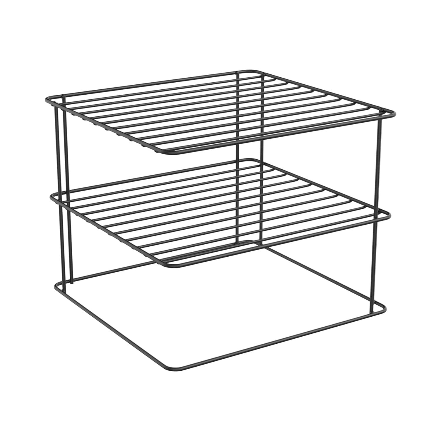 Go Hooked black steel 2-tier corner shelf rack for kitchen organization. Ideal for plates, pans, and utensils.