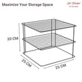 Go Hooked black steel 3-tier kitchen corner shelf rack for plates, pans, and utensils. Dimensions 25x25x20 cm.