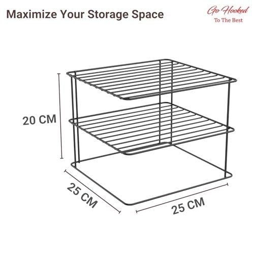 Go Hooked black steel 3-tier kitchen corner shelf rack for plates, pans, and utensils. Dimensions 25x25x20 cm.