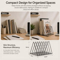 Go Hooked black coated steel triangular magazine rack with 9 slots, perfect for organizing books and documents on a desk.