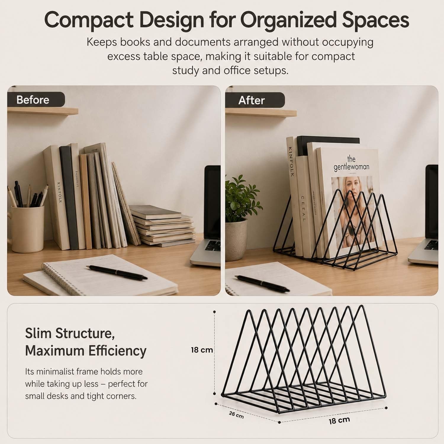 Go Hooked black coated steel triangular magazine rack with 9 slots, perfect for organizing books and documents on a desk.