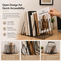 Go Hooked black coated steel triangular magazine rack with 9 slots, perfect for organizing books and newspapers on a table.