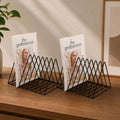 Go Hooked black coated steel triangular magazine rack, elegant and durable for home or office organization.