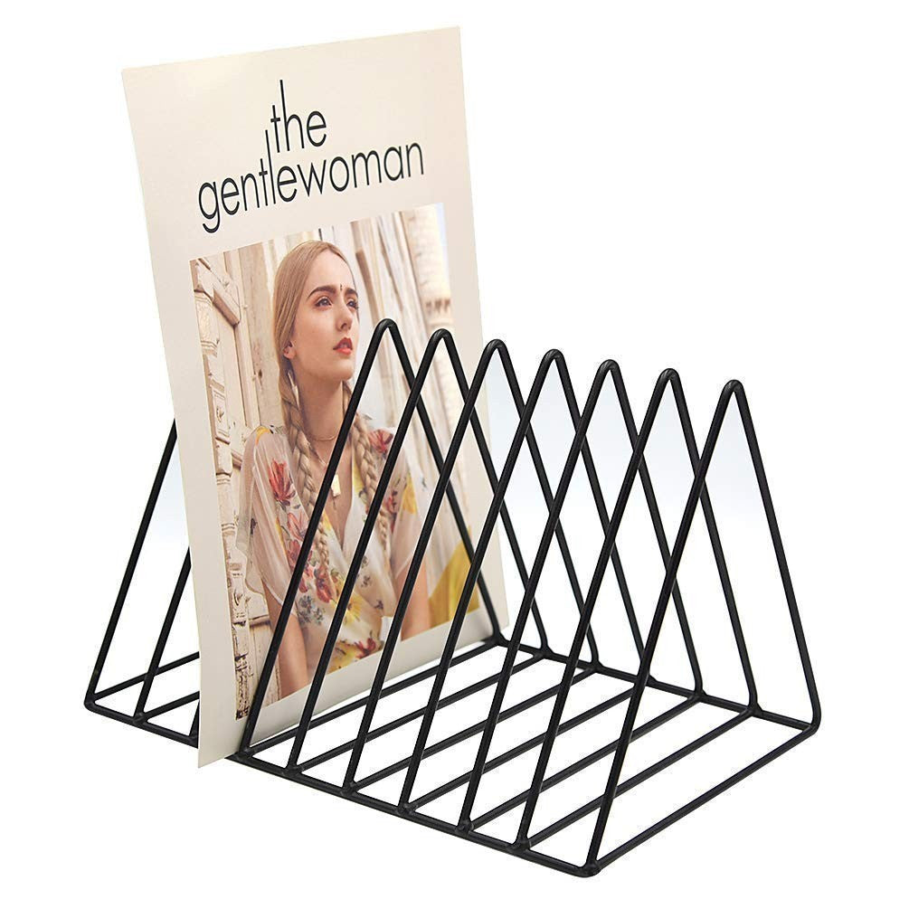 GoHooked black coated steel triangular magazine rack with 9 slots, holding a magazine.