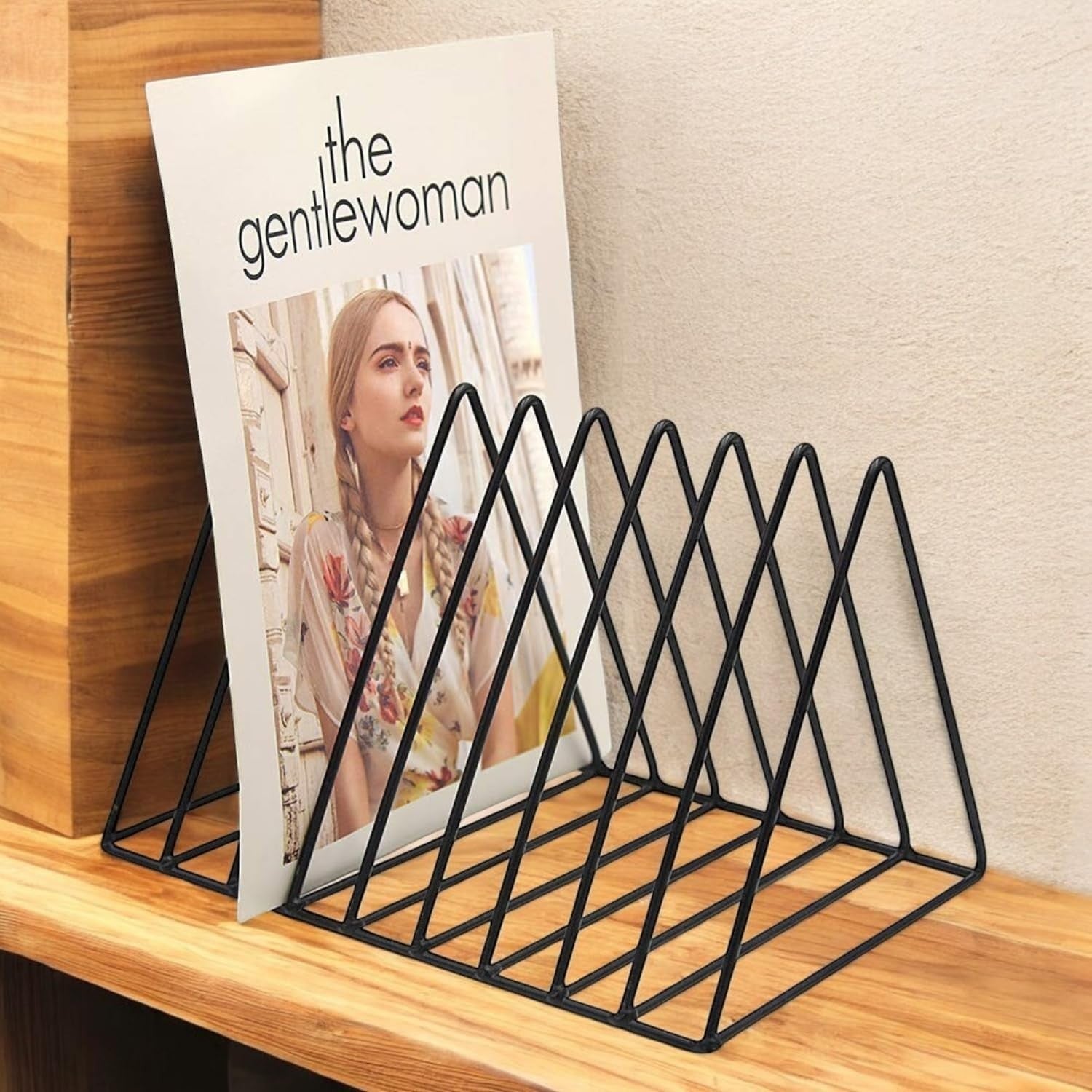 GoHooked black coated steel triangular magazine rack with 9 slots, perfect for home or office organization.