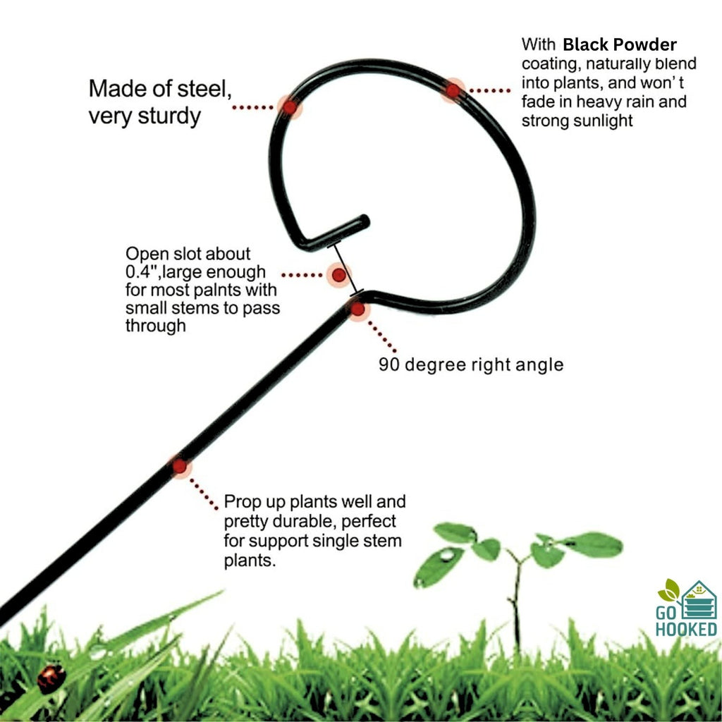 GoHooked 16-inch black powder-coated steel plant support stake with a loop-top design for single stem flowers.