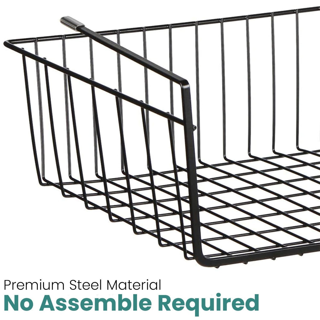 GoHooked black steel wire undershelf storage basket with open grid design. Pack of 3.