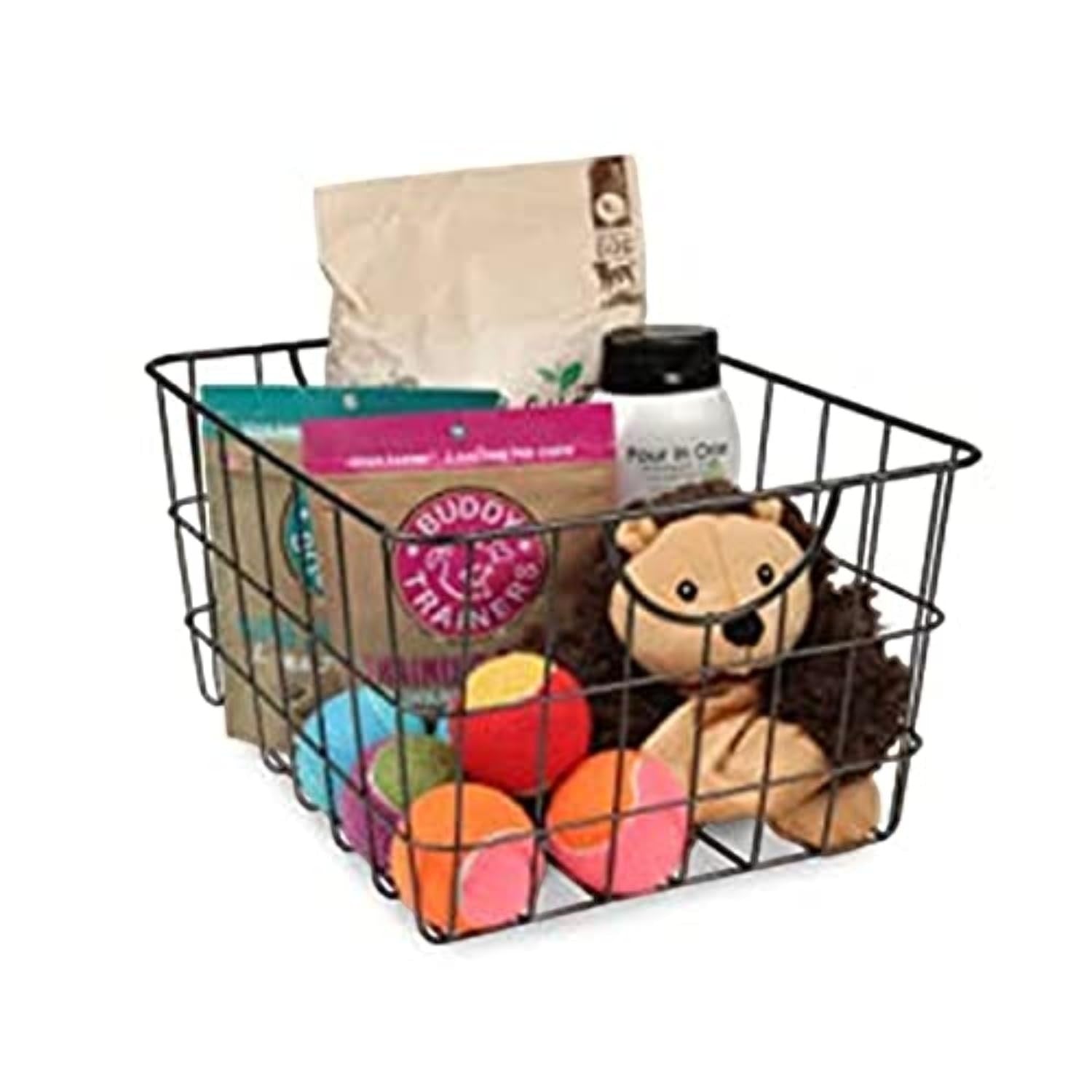 GoHooked black steel wire utility basket with curved handles, filled with dog toys and treats.