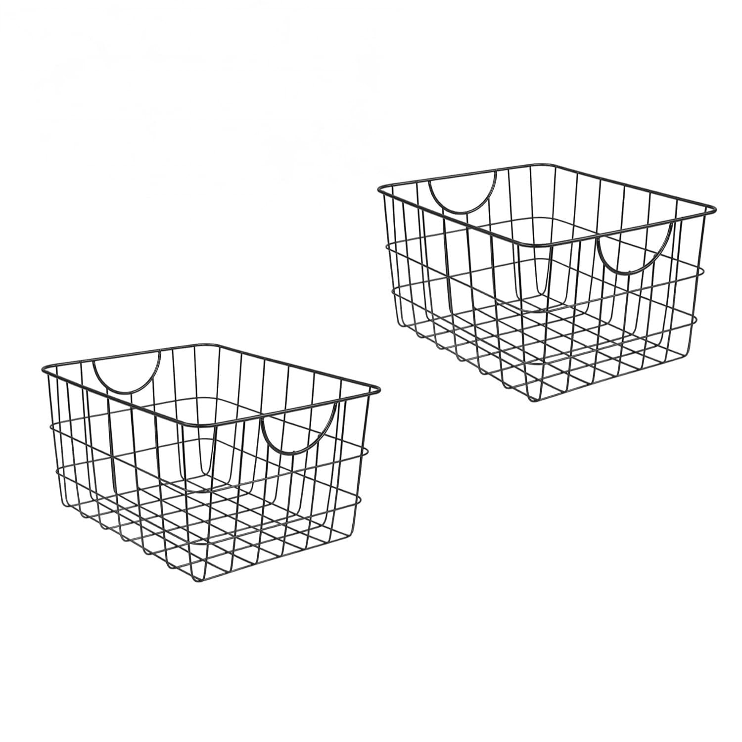 Go Hooked black steel wire utility basket with curved handles, set of 2. Ideal for home organization.