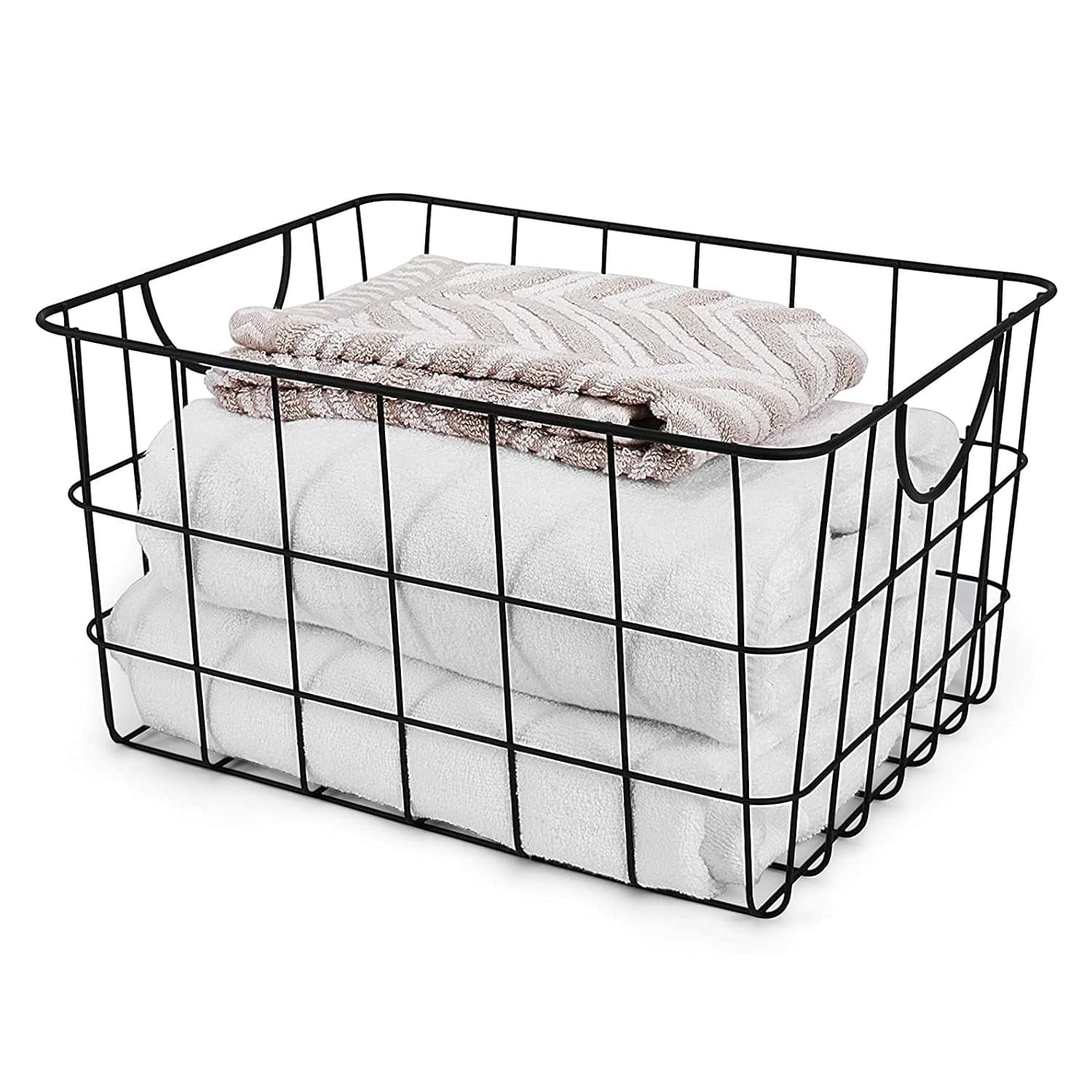 GoHooked black steel wire utility basket with curved handles, holding folded white and patterned towels.
