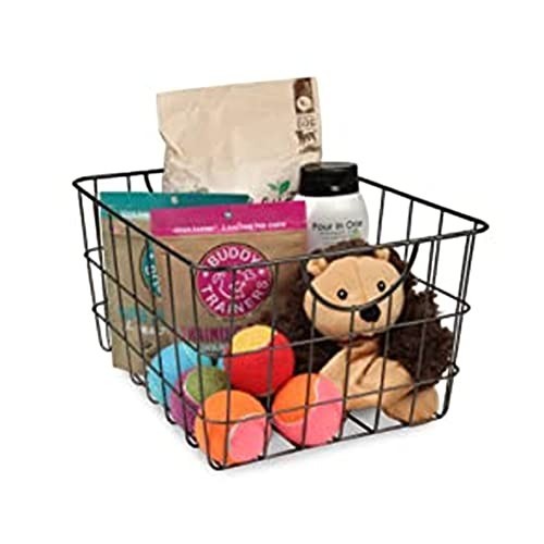 GoHooked black steel wire storage basket with curved handles, holding pet toys and supplies.