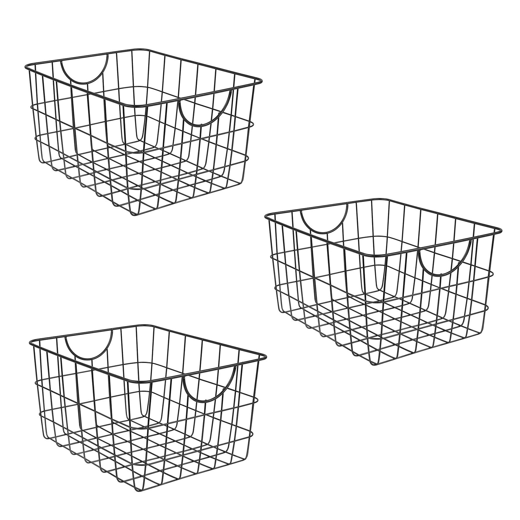 GoHooked black steel wire storage baskets with curved handles, set of 3. Ideal for toys, pet supplies, pantry, and more.