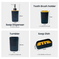 Go Hooked black textured plastic 4-piece bathroom accessories set with soap dispenser, toothbrush holder, tumbler, and soap dish.