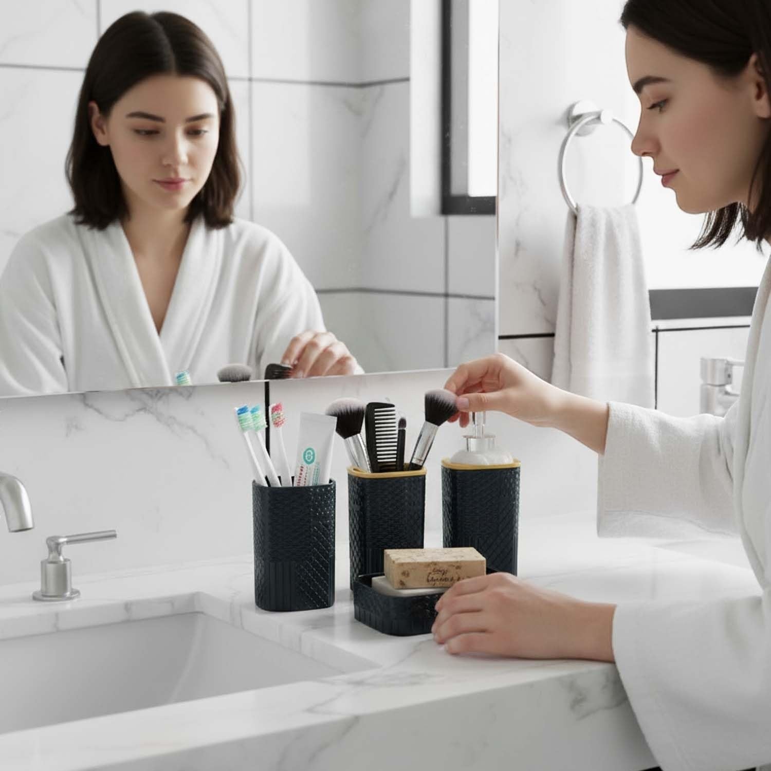 GoHooked black textured square bathroom accessory set with soap dispenser, toothbrush holder, tumbler, and soap dish.