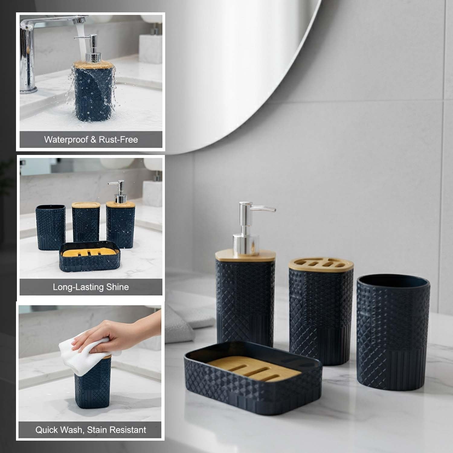 GoHooked black textured plastic bathroom accessory set with soap dispenser, toothbrush holder, tumbler, and soap dish.