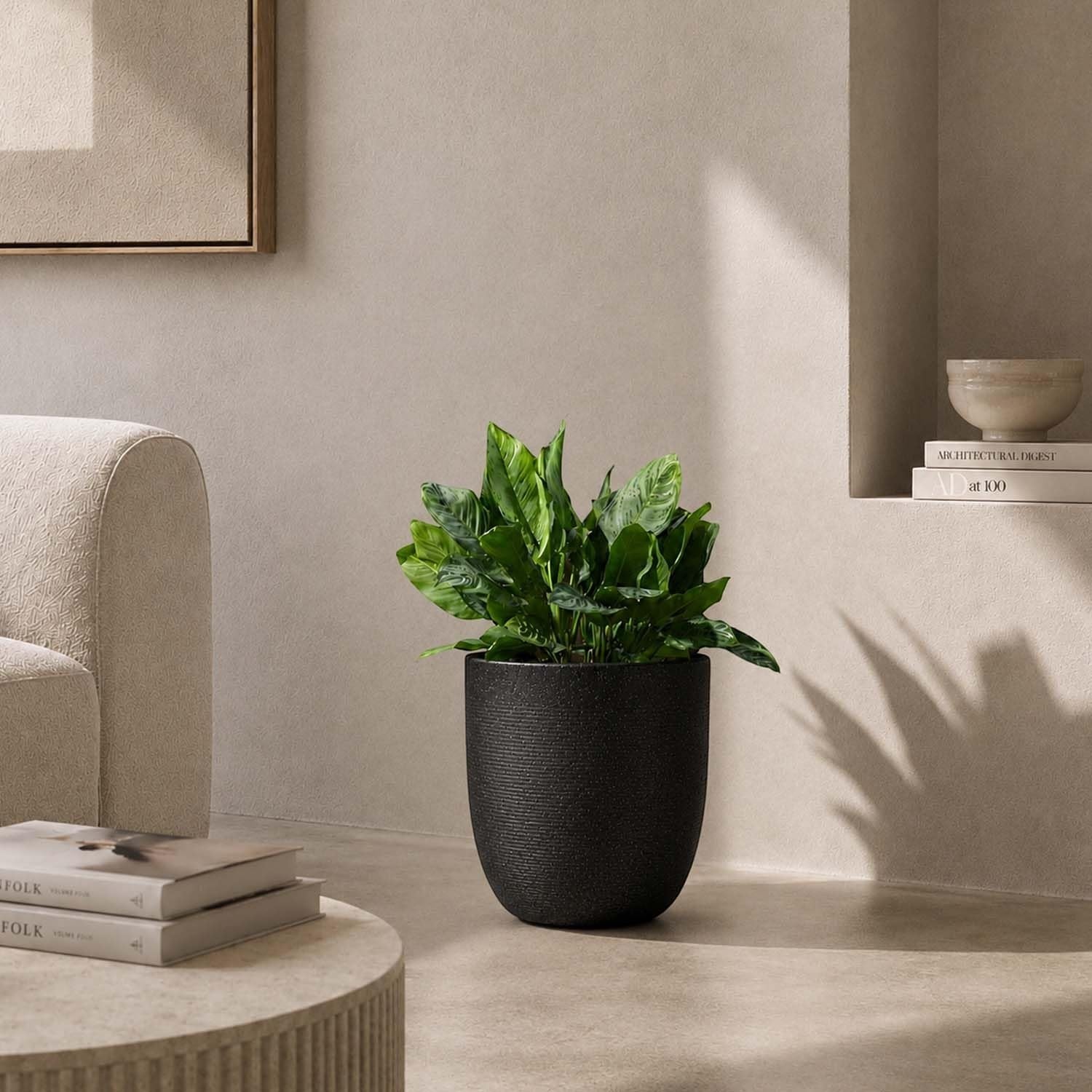 GoHooked 10-inch black textured polymer planter pot with a plant inside, perfect for indoor or outdoor use.