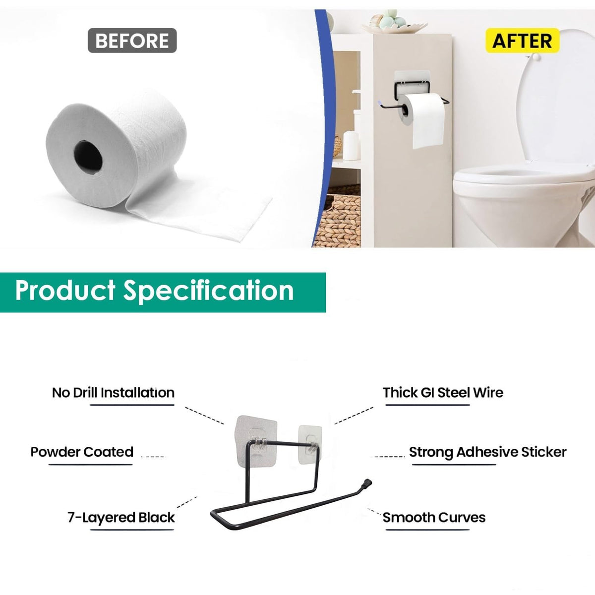 GoHooked black rustproof metal toilet paper holder with self-adhesive installation for bathrooms and kitchens.