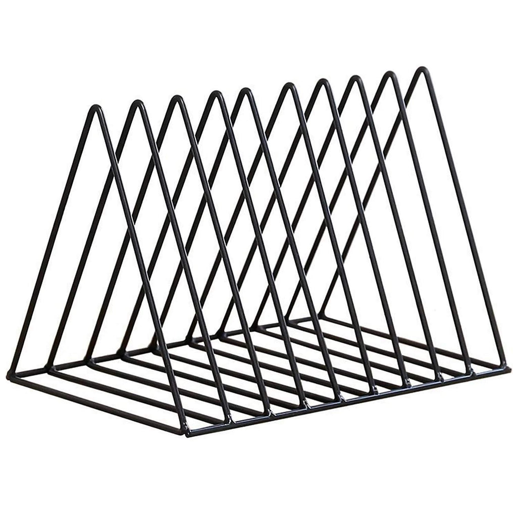 GoHooked black coated steel triangular magazine rack with 9 slots for organizing books and newspapers.