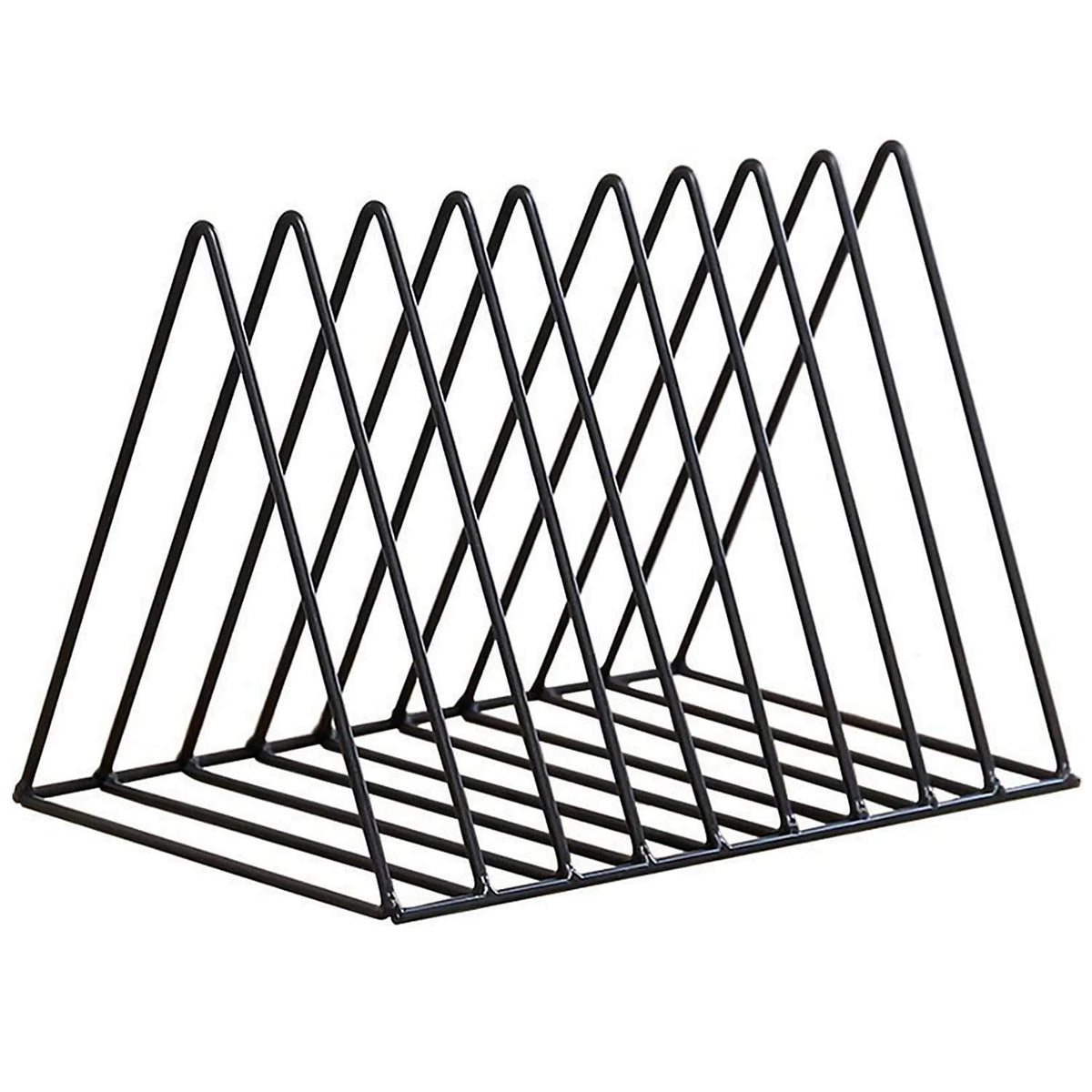 GoHooked black coated steel triangular magazine rack with 9 slots for organizing books and newspapers.