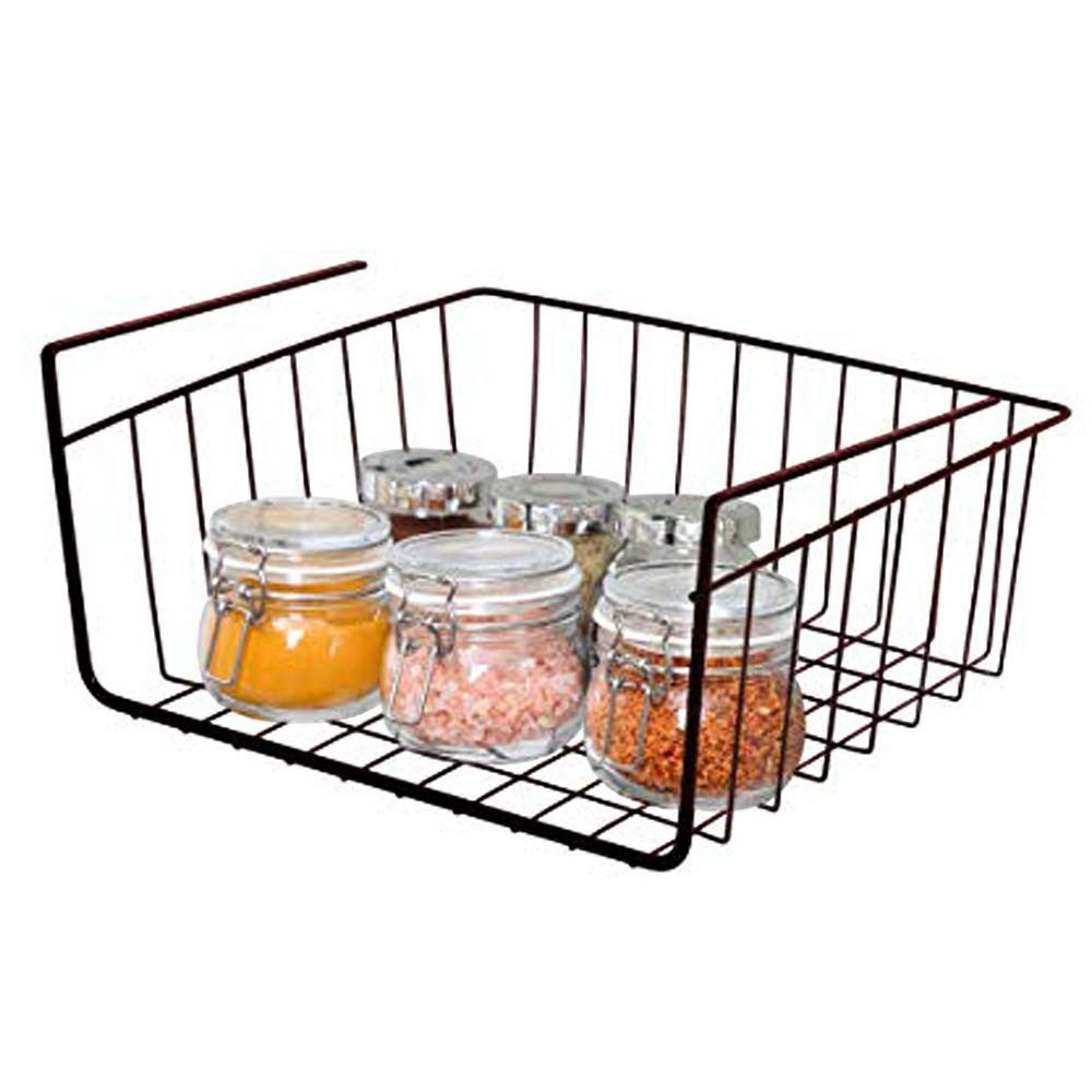 GoHooked black powder-coated iron under shelf basket organizer holding six jars of spices.