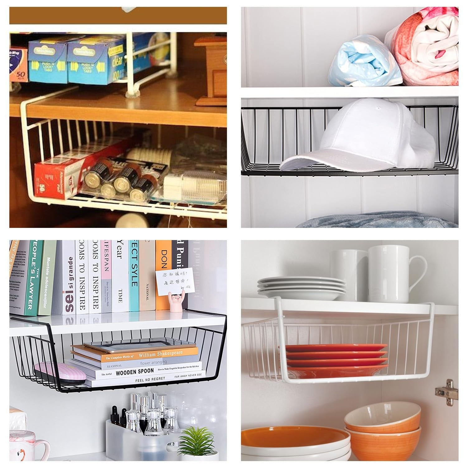 Go Hooked black metal undershelf storage basket, pack of 2, for cabinets and pantries. Open grid design.