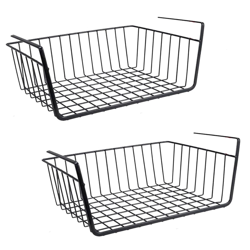 GoHooked black metal wire undershelf storage basket, pack of 2. Features open grid design and hanging arms.