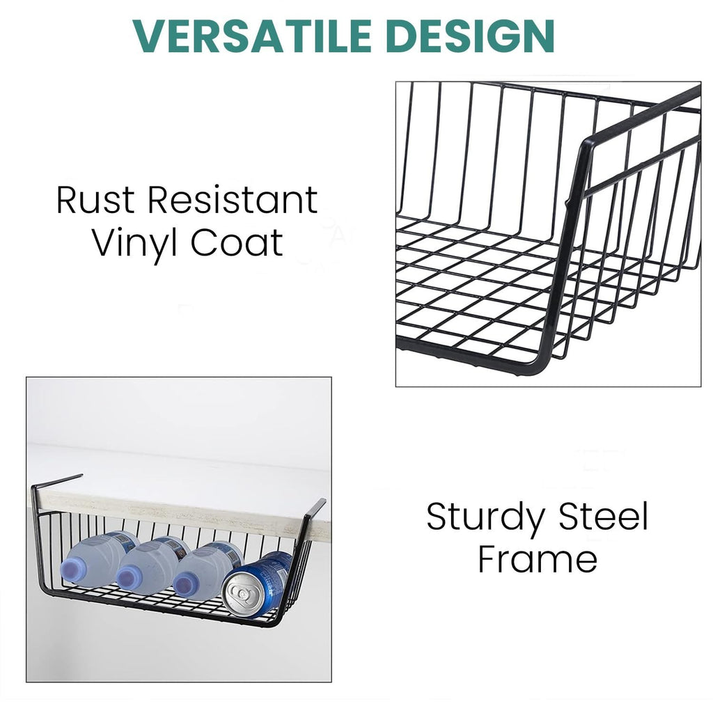 Go Hooked black metal undershelf storage basket with sturdy steel frame and rust-resistant vinyl coat, holding bottles and cans.