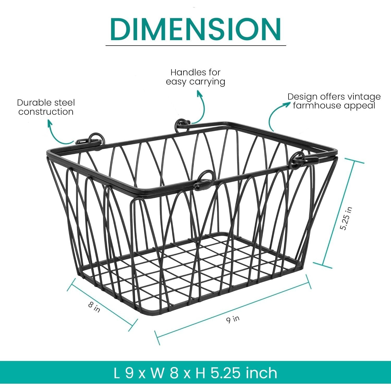 GoHooked black metal farmhouse wire storage basket with handles and open grid design. Measures 9" L x 8" W x 5.25" H.