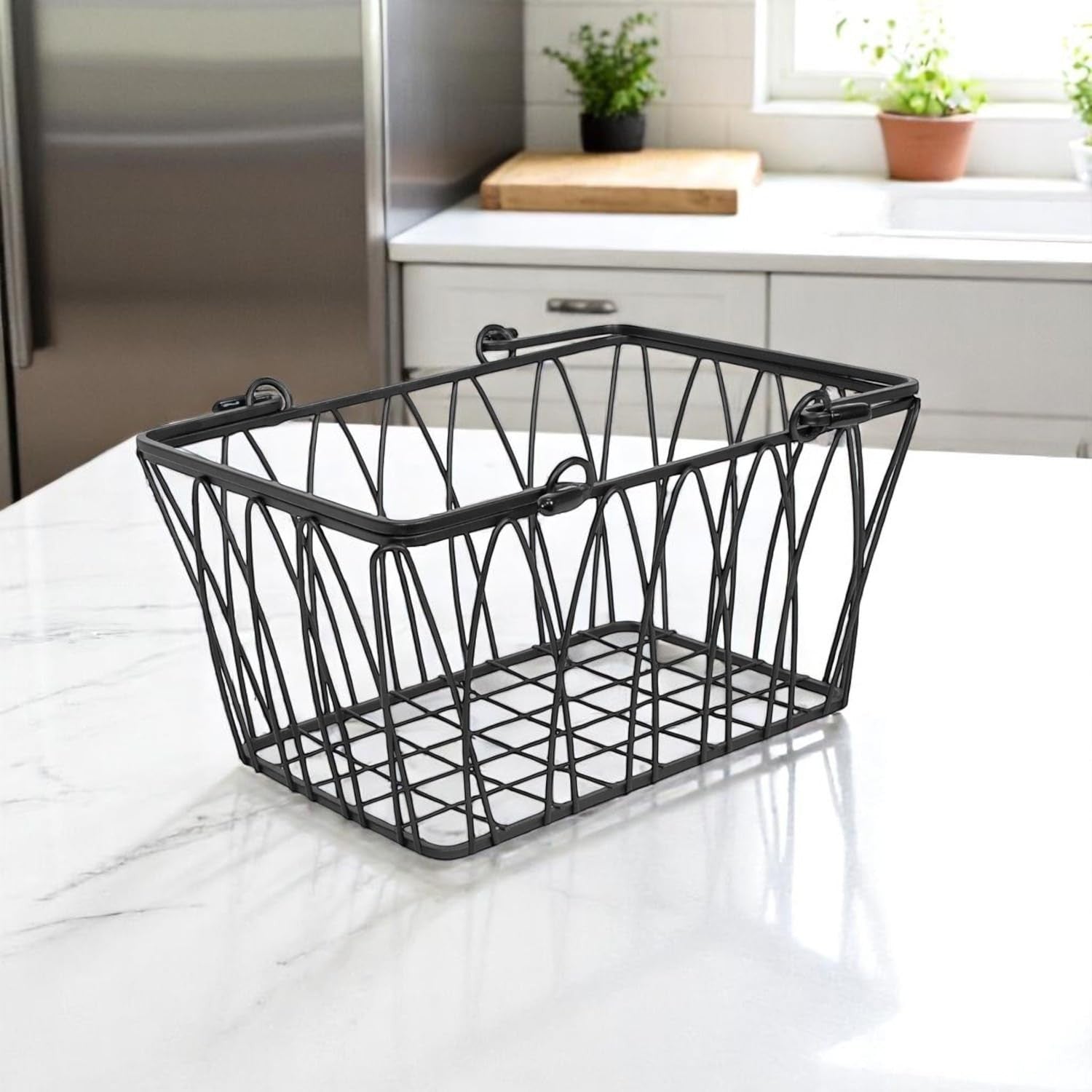 GoHooked black wire storage basket with handles, featuring a decorative twisted design and open top for easy access.