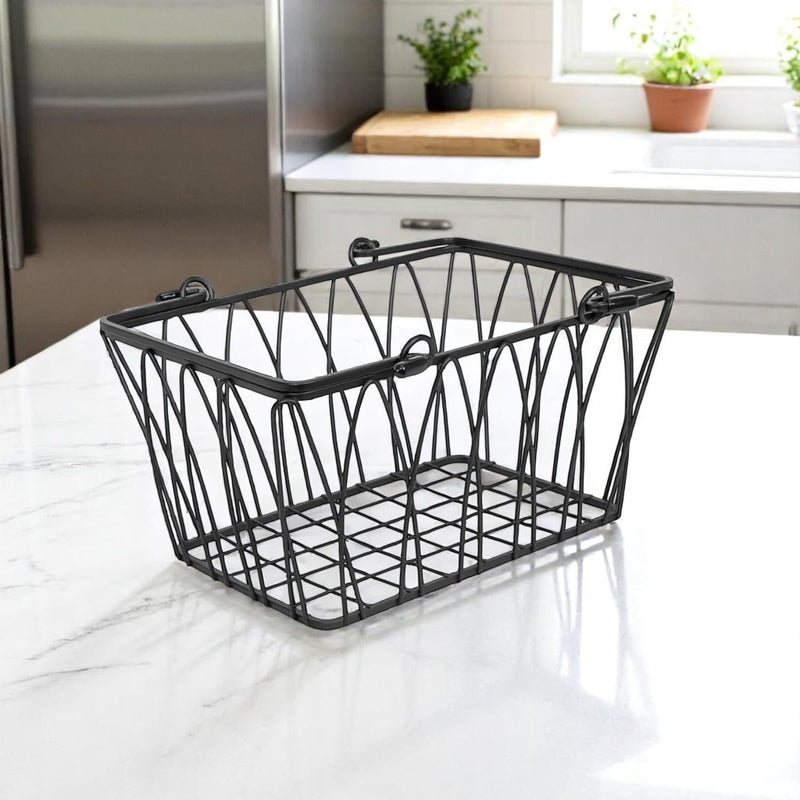 GoHooked black wire storage basket with handles, featuring a decorative twisted design and open top for easy access.