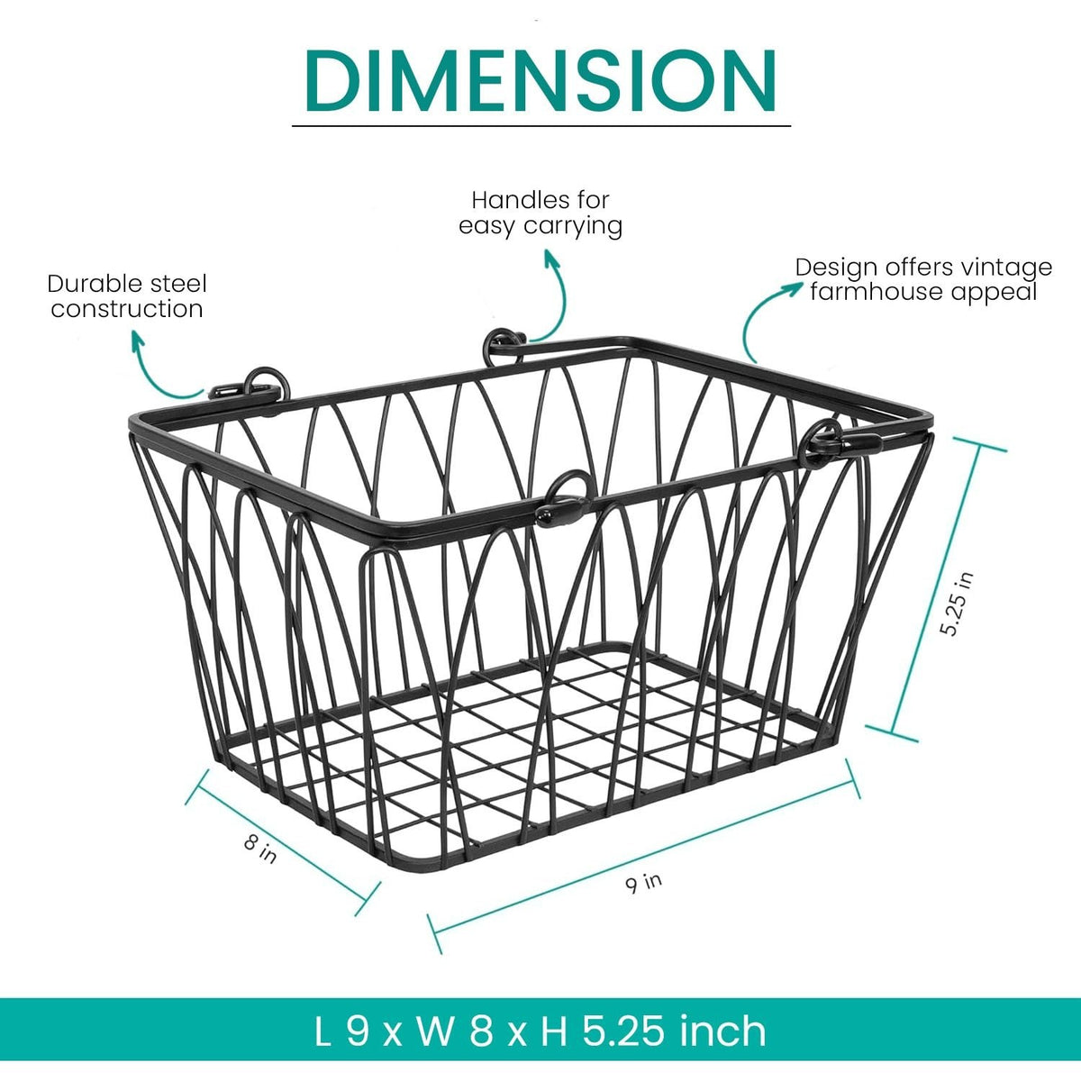 Go Hooked black wire storage basket with handles and vintage farmhouse design. Durable steel construction.