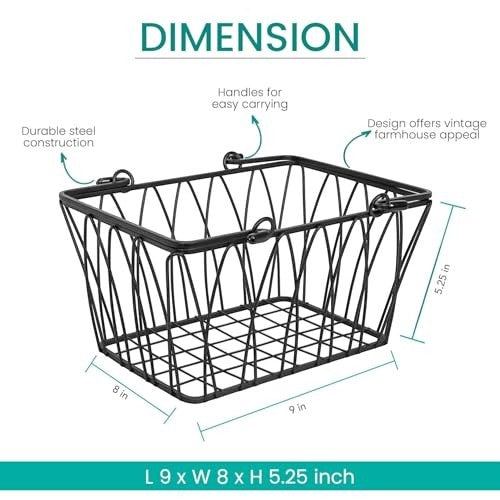 GoHooked black wire storage basket with handles, farmhouse style, durable steel construction, 9" L x 8" W x 5.25" H