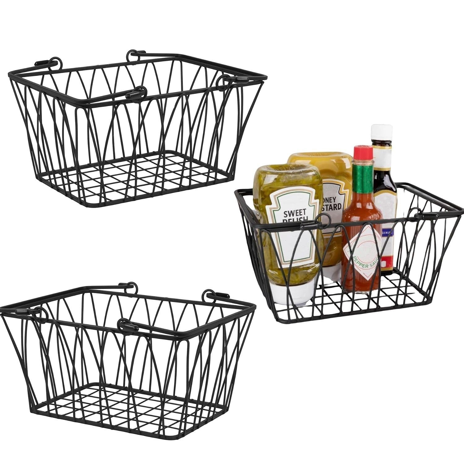 GoHooked black wire storage basket with handles, set of 3. Open design for pantry, closet, or bathroom organization.