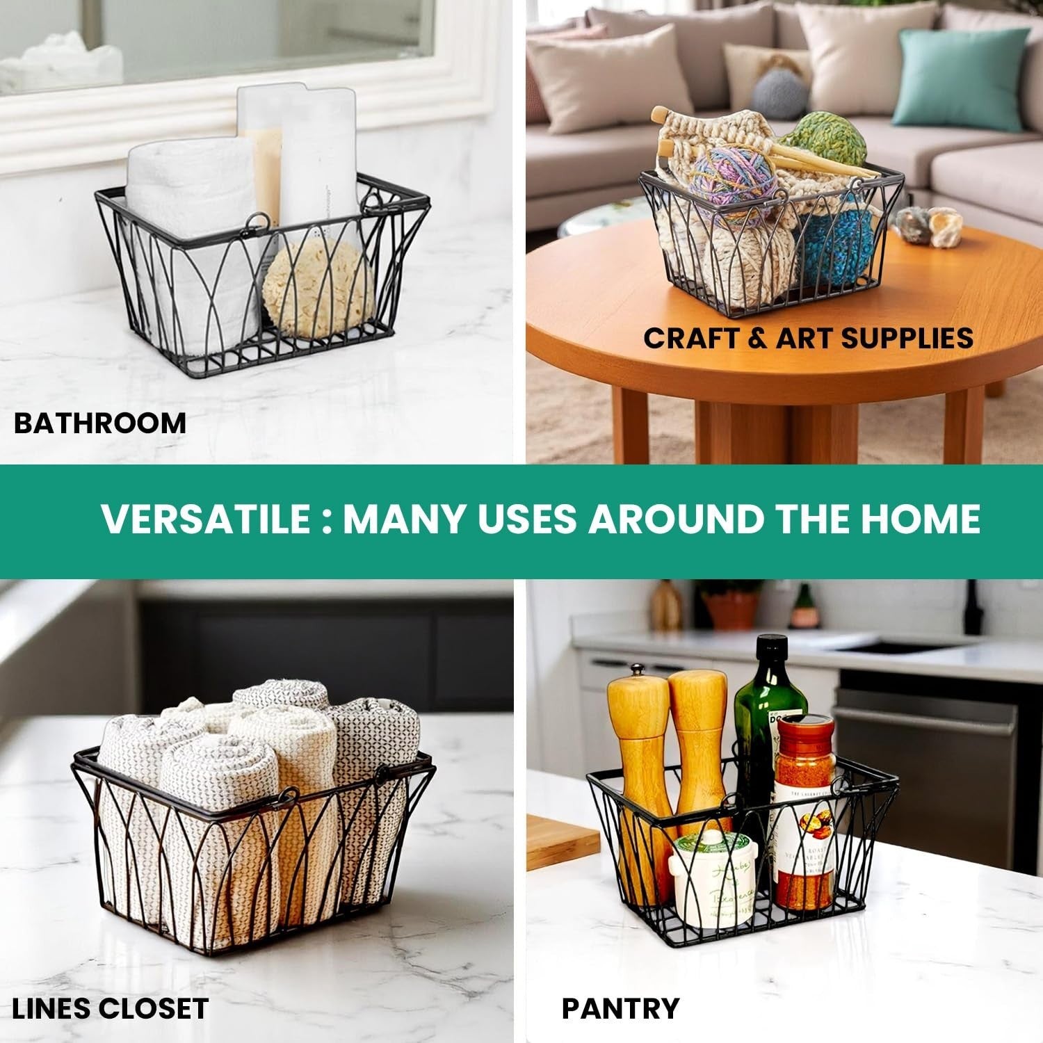 GoHooked black wire storage basket with twisted design, versatile for bathroom, craft, closet, and pantry organization.