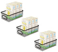Go Hooked set of 3 black metal wire grid storage baskets with handles, each holding boxes of Quinn Butter & Sea Salt microwave popcorn.