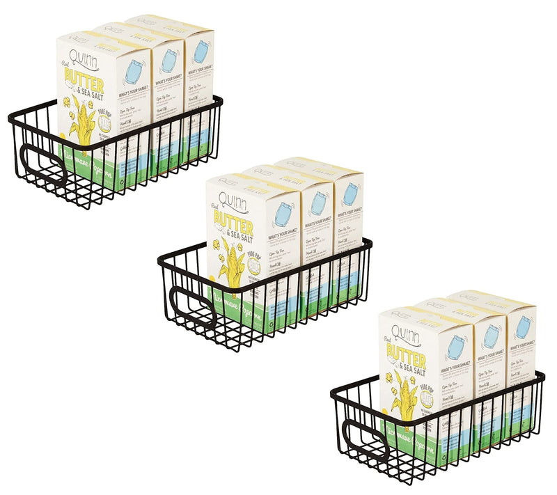 Go Hooked set of 3 black metal wire grid storage baskets with handles, each holding boxes of Quinn Butter & Sea Salt microwave popcorn.