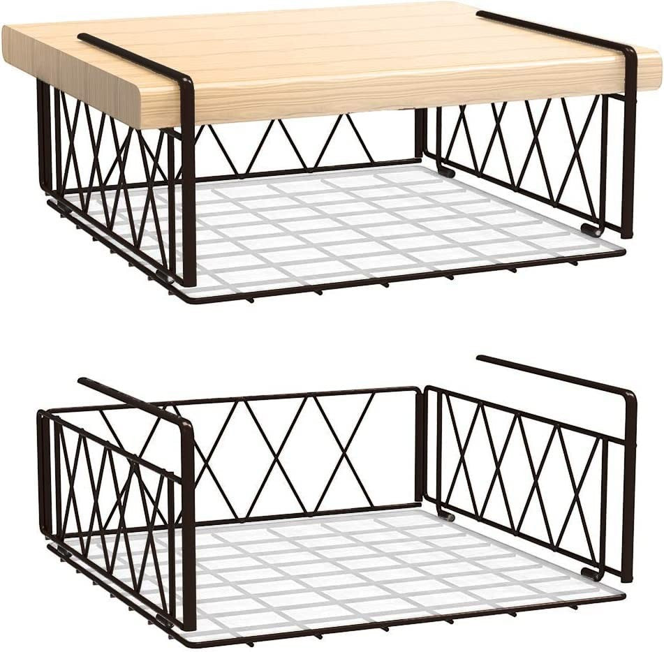 GoHooked black wire under shelf basket with diamond pattern sides, 2 pack, for kitchen pantry storage.