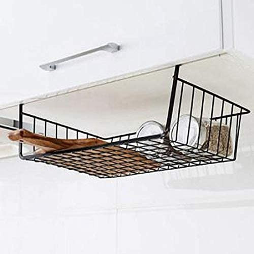 GoHooked black wire under shelf basket for kitchen storage, holding cutting board and jars.