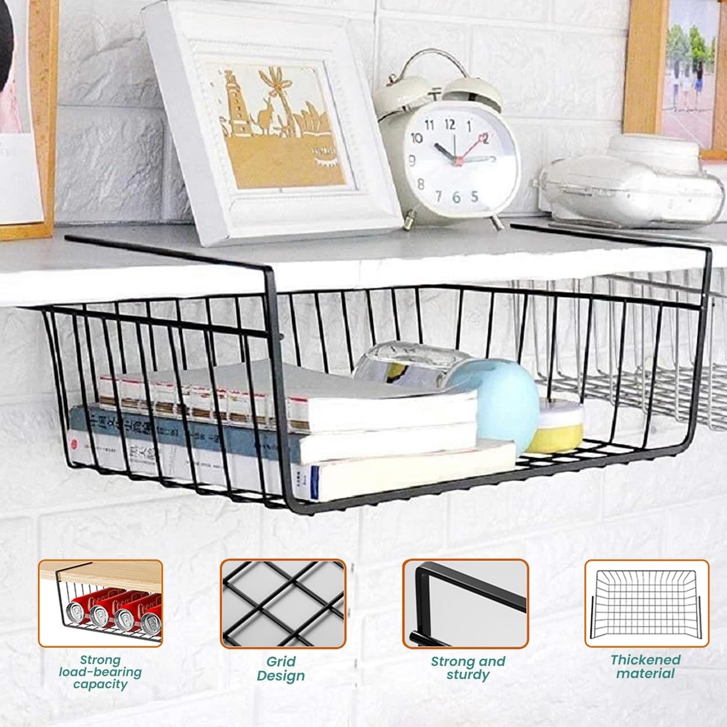 GoHooked black metal wire undershelf storage basket, pack of 2, with grid design for organizing cabinets and pantries.