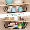 GoHooked black metal wire undershelf storage basket, pack of 3, for kitchen or pantry organization. Features open grid design.