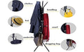 Go Hooked black wrought iron 3-tier coat rack with 12 hooks, holding clothes, hats, scarves, and bags.
