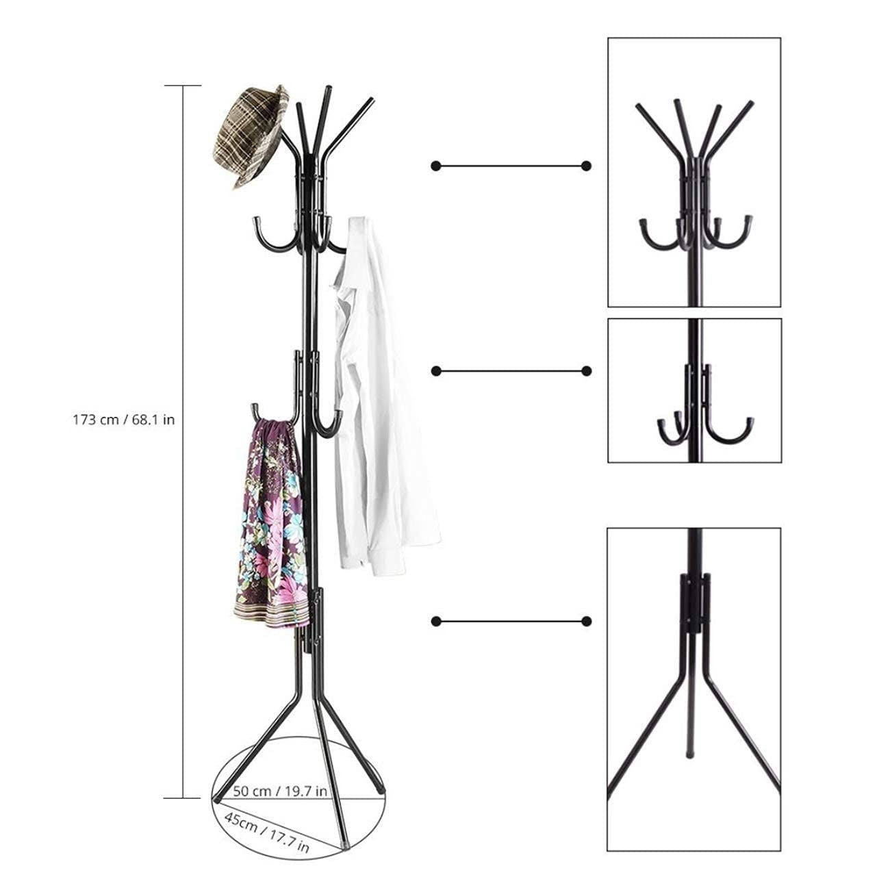 Go Hooked black wrought iron 3-tier coat rack with 12 hooks and end caps. Holds hats, coats, scarves, and bags.