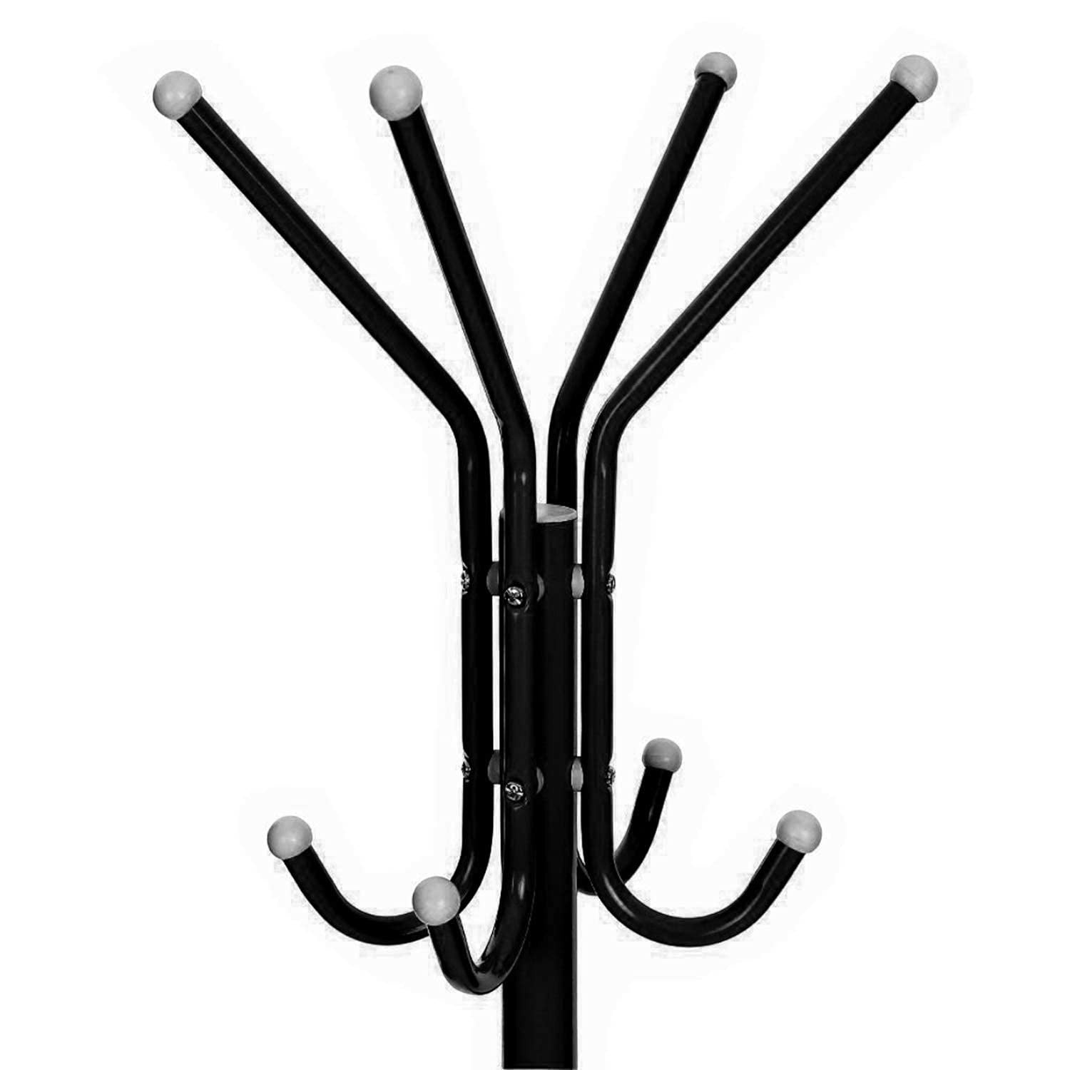 GoHooked black wrought iron 3-tier coat rack with 12 hooks and end caps for clothes, hats, and bags.