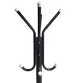 GoHooked black wrought iron 3-tier coat rack with 12 hooks and white end caps for clothes, hats, and bags.