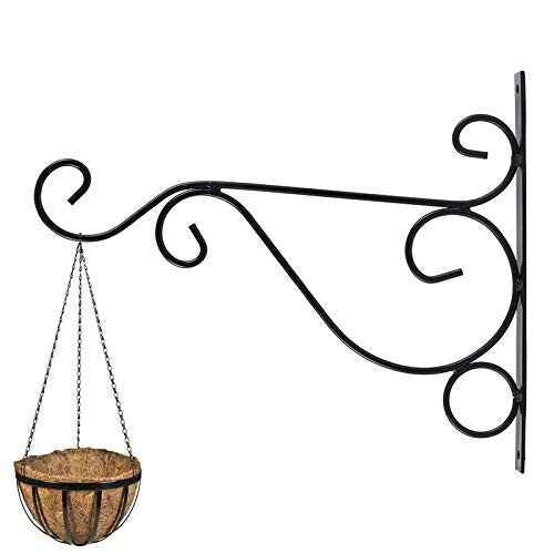 GoHooked black wrought iron hanging planter bracket with decorative scrollwork and a coconut coir basket.