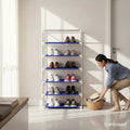 GoHooked blue 6-tier metal shoe rack with non-woven fabric shelves, holding 18 pairs of shoes.
